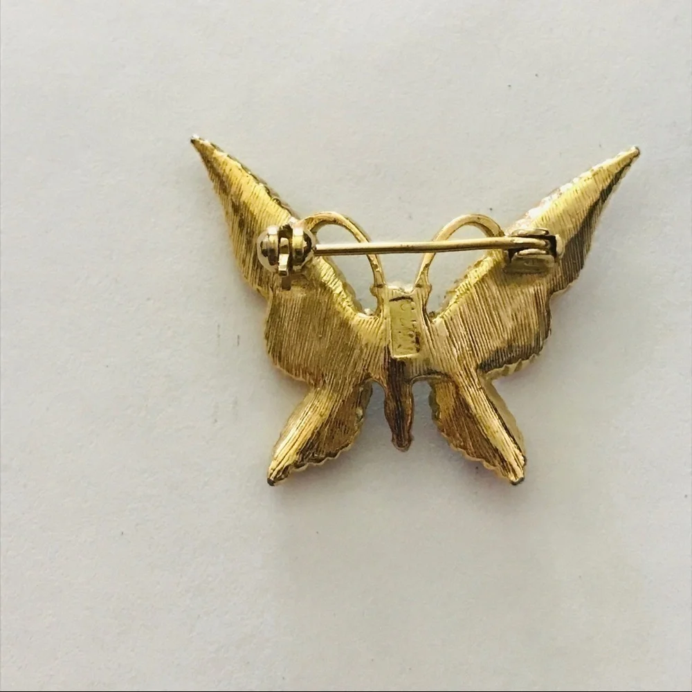 Vintage 80's Gold Plated Butterfly Brooch Pin with Crystals